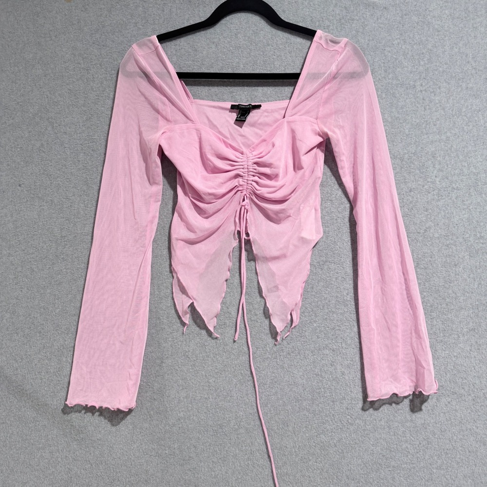 Forever 21 Pink Mesh Ruched Hanky Hem Long Sleeve Top Small Fairycore Y2K